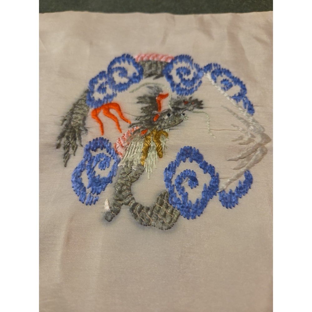 Vintage Hand Embroidered Silk Table Runner Asian Dragon Floral Mid Century - Picture 6 of 8